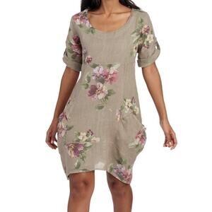Vasna Linen Tunic Dress Pockets Beige Floral Roll Tab Sleeve Medium Lagenlook